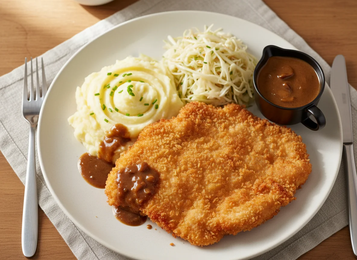Paniertes Schnitzel mit Kartoffelpüree und Krautsalat photo