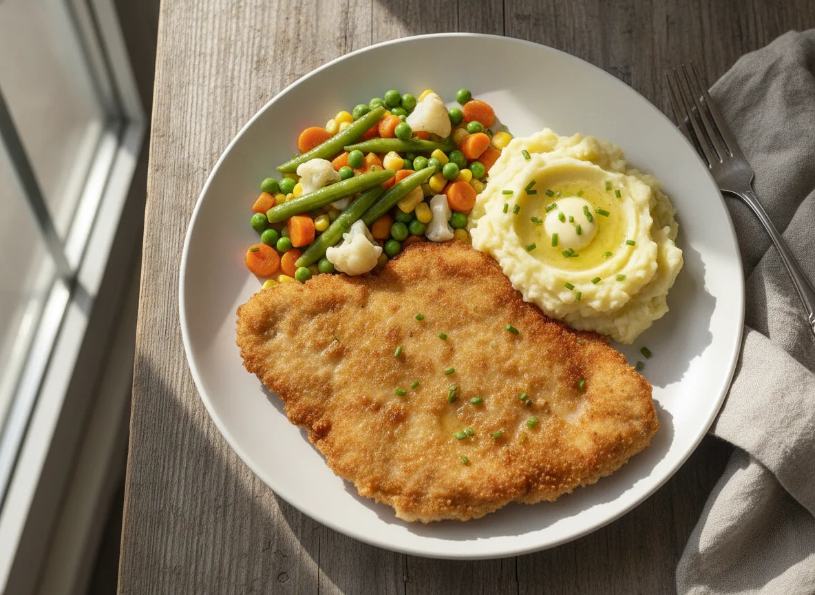 Paniertes Schnitzel mit Kartoffelpüree und Mischgemüse photo