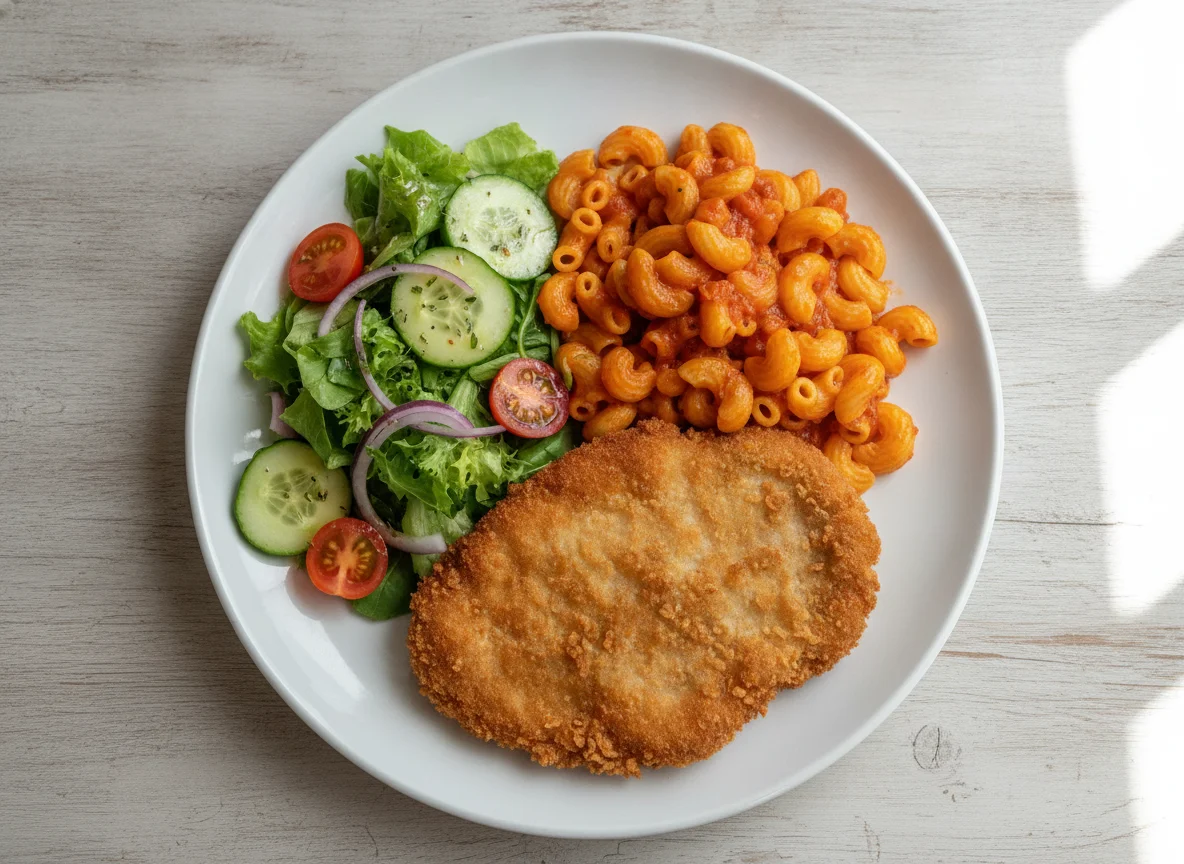 Paniertes Schnitzel mit Makkaroni und Salat photo