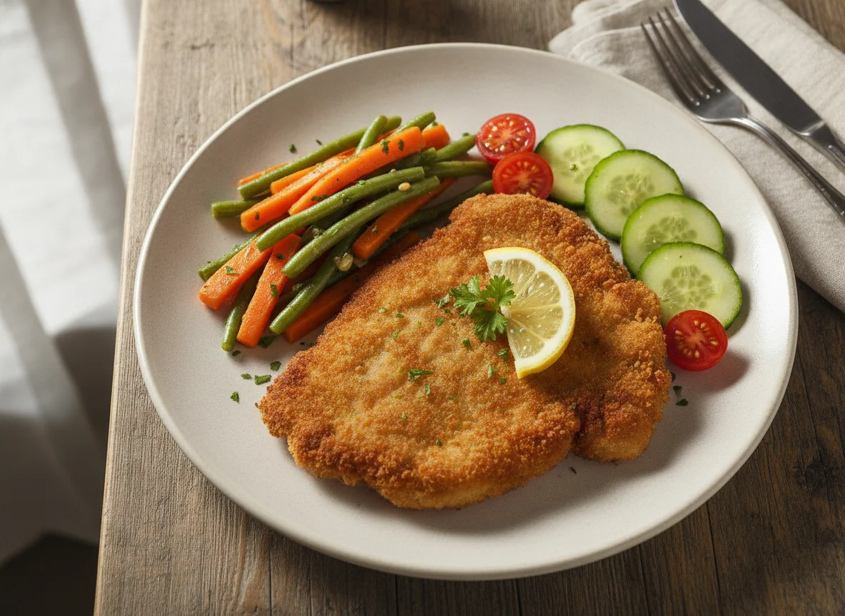 Paniertes Schnitzel mit Mischgemüse photo