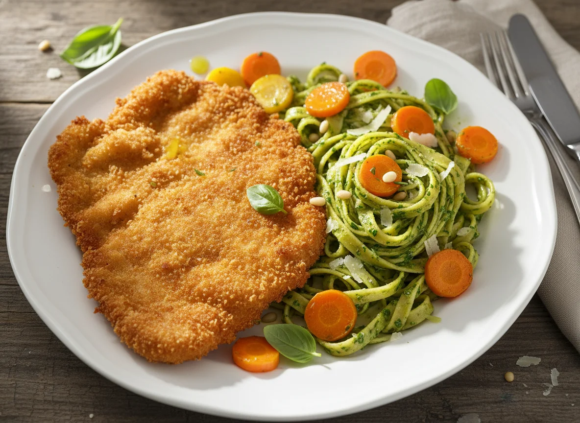 Paniertes Schnitzel mit Nudeln, Karotten und Pesto photo