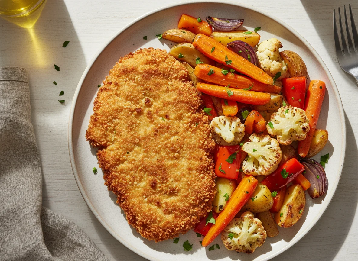 Paniertes Schnitzel mit Ofengemüse photo