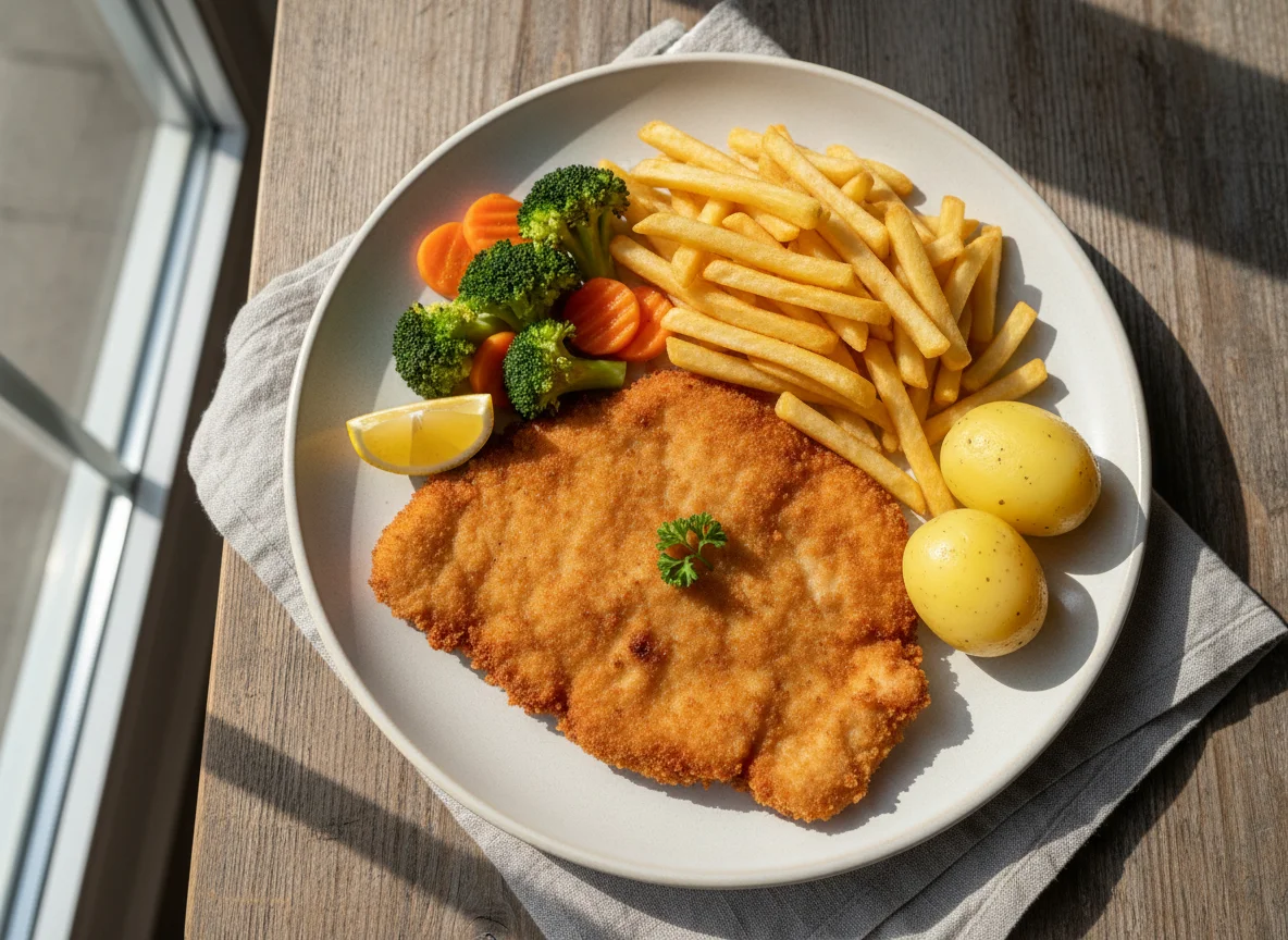 Paniertes Schnitzel mit Pommes Frites und Gemüse photo