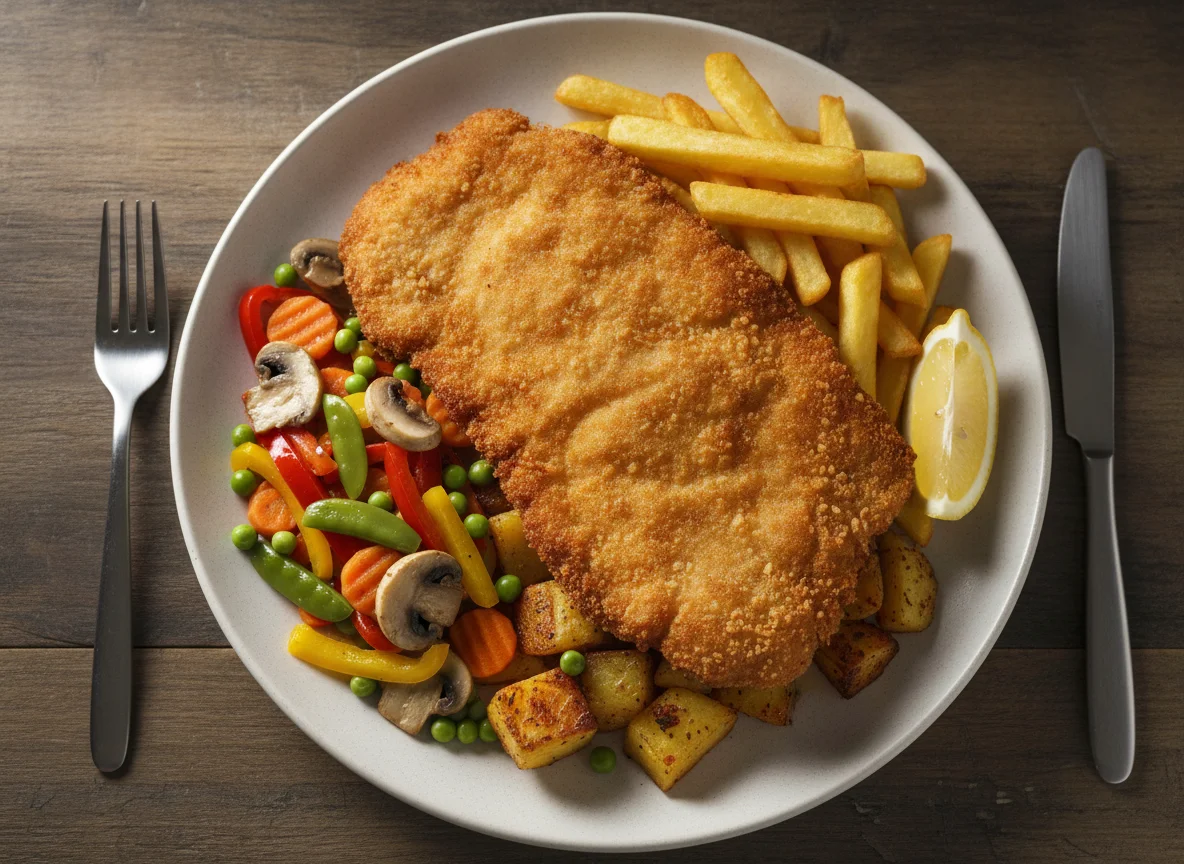 Paniertes Schnitzel mit Pommes Frites und Mischgemüse photo