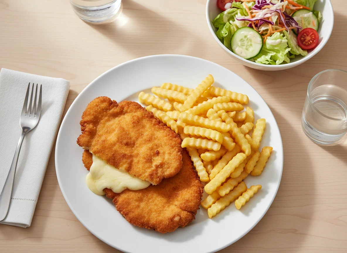 Paniertes Schnitzel mit Pommes Frites und Salat photo