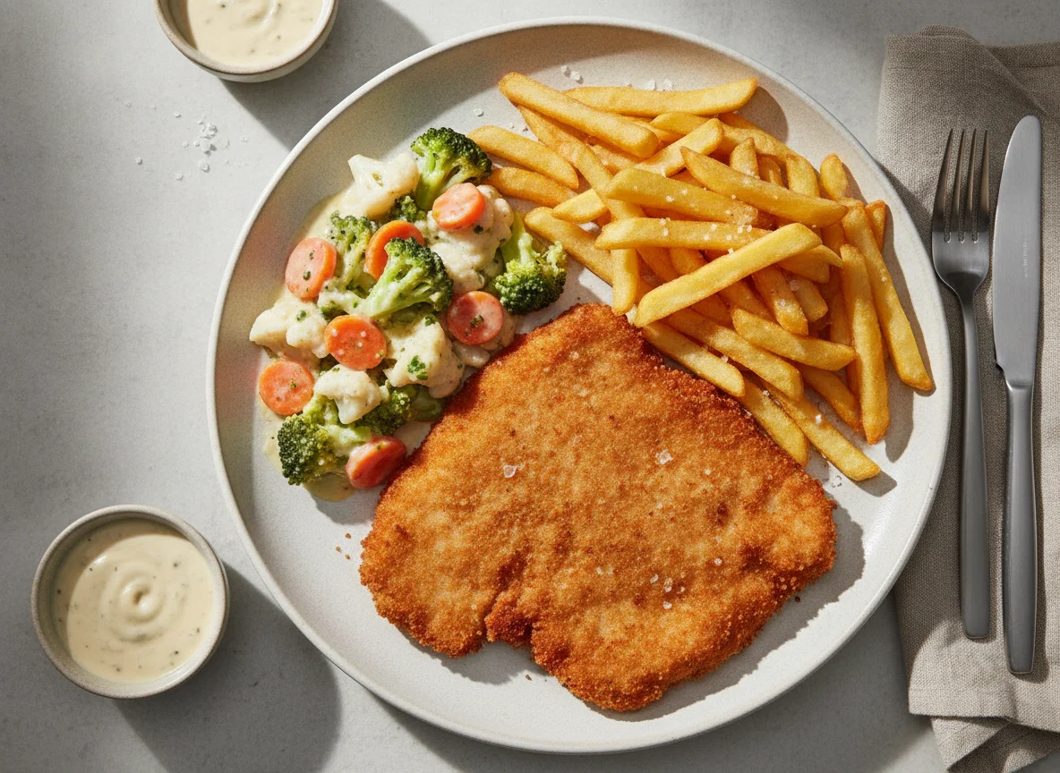 Paniertes Schnitzel mit Pommes und Rahmgemüse photo