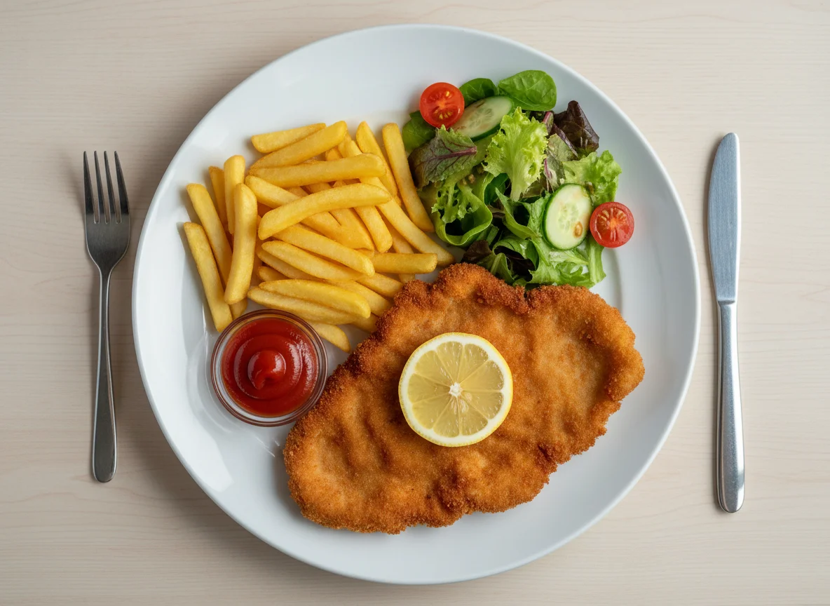 Paniertes Schnitzel mit Pommes und Salat photo