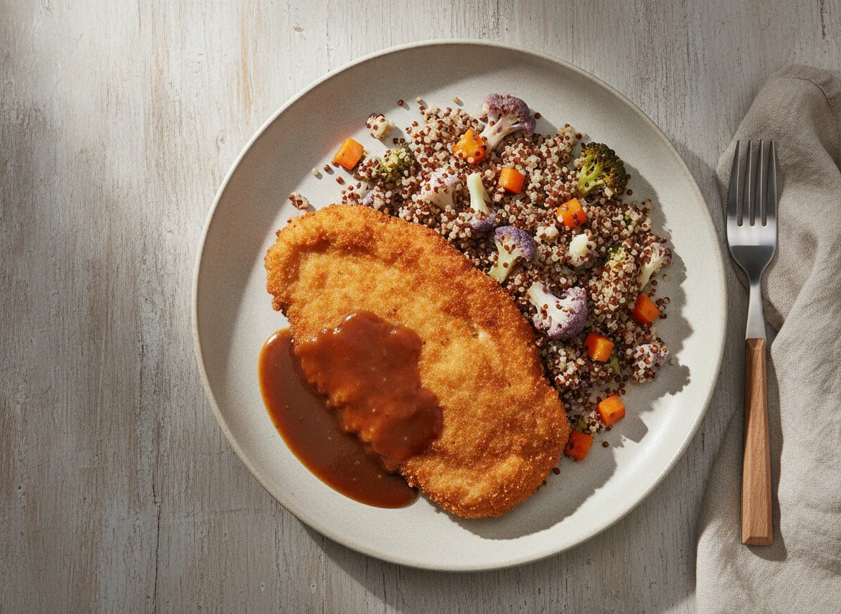 Paniertes Schnitzel mit Quinoa und Blumenkohl photo