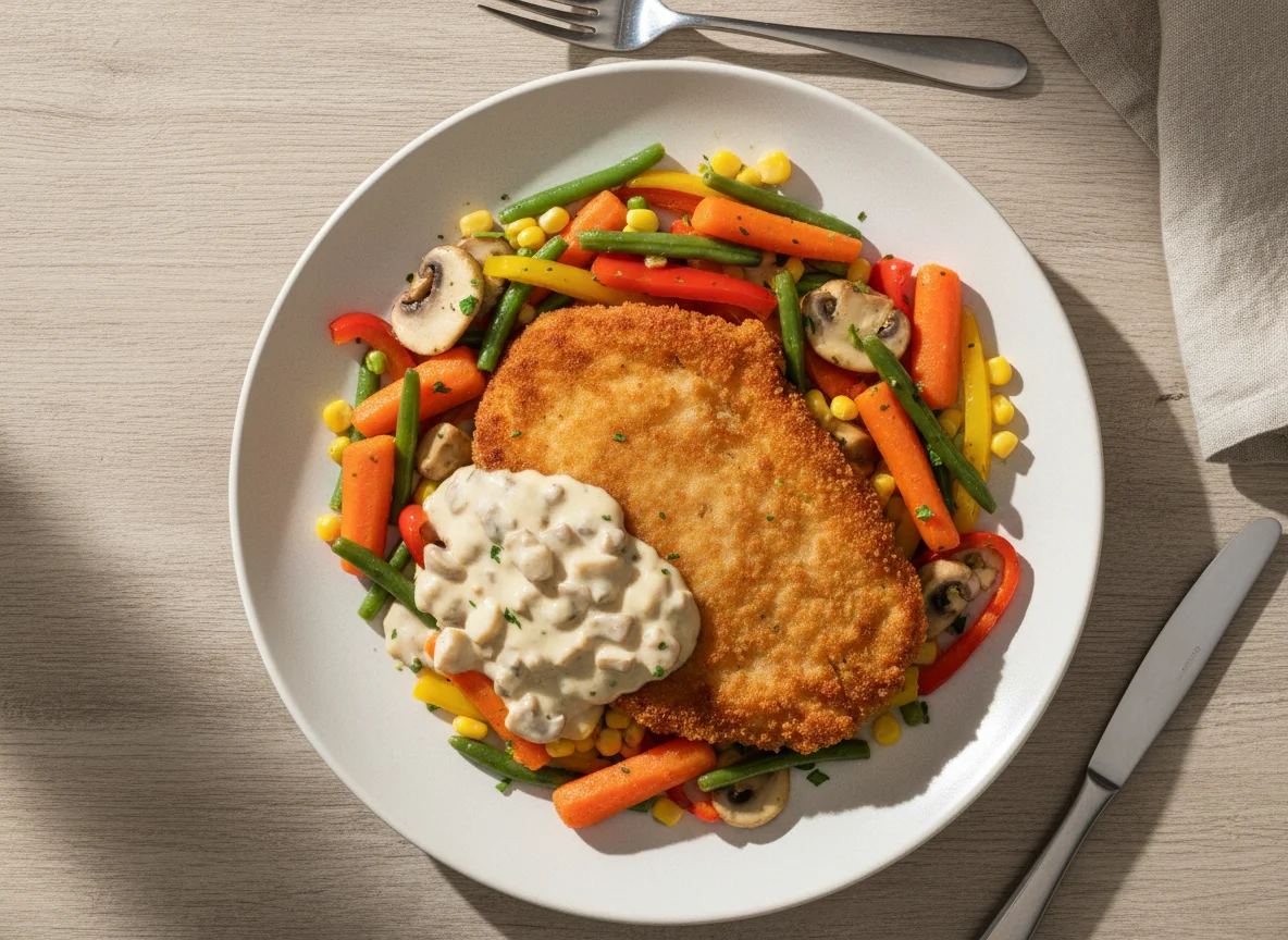 Paniertes Schnitzel mit Rahmsauce und Gemüse photo