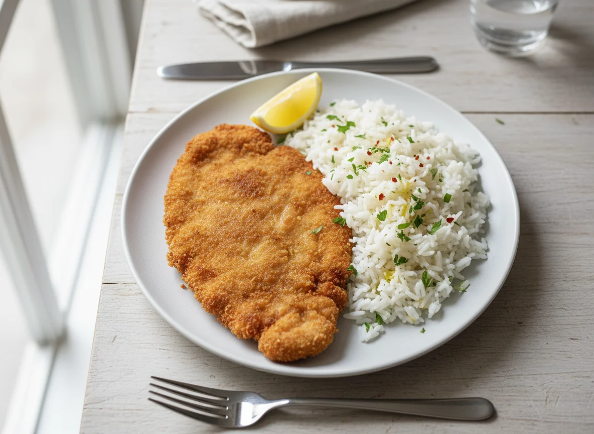 Paniertes Schnitzel mit Reis photo