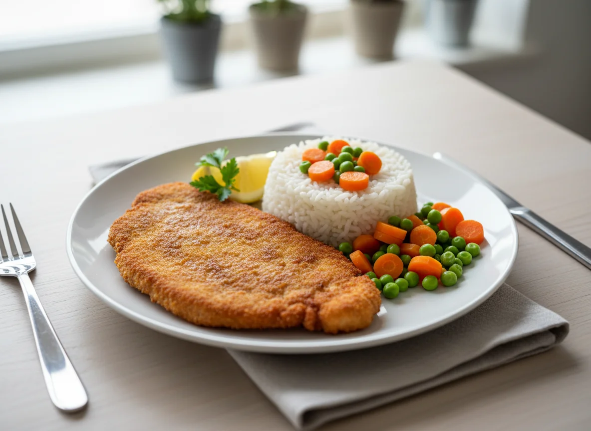 Paniertes Schnitzel mit Reis und Gemüse photo