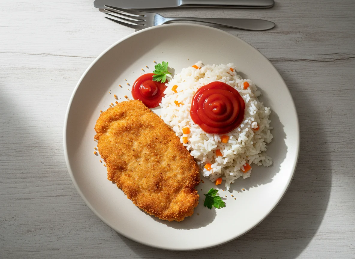 Paniertes Schnitzel mit Reis und Ketchup photo