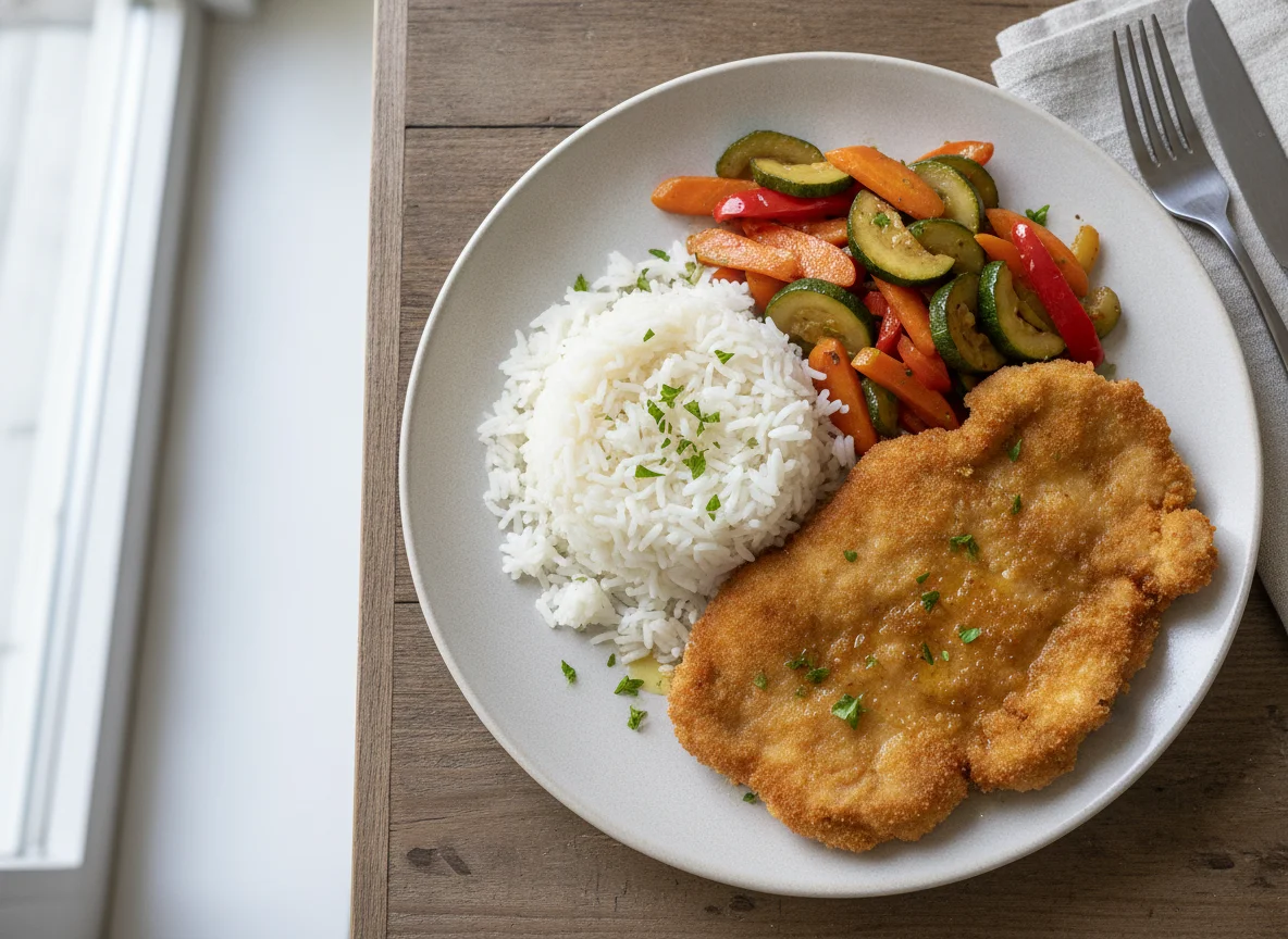 Paniertes Schnitzel mit Reis und Mischgemüse photo