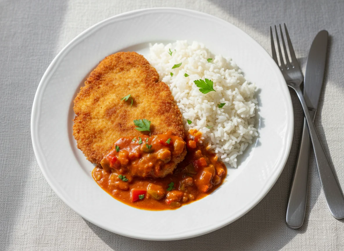 Paniertes Schnitzel mit Reis und Paprikasauce photo