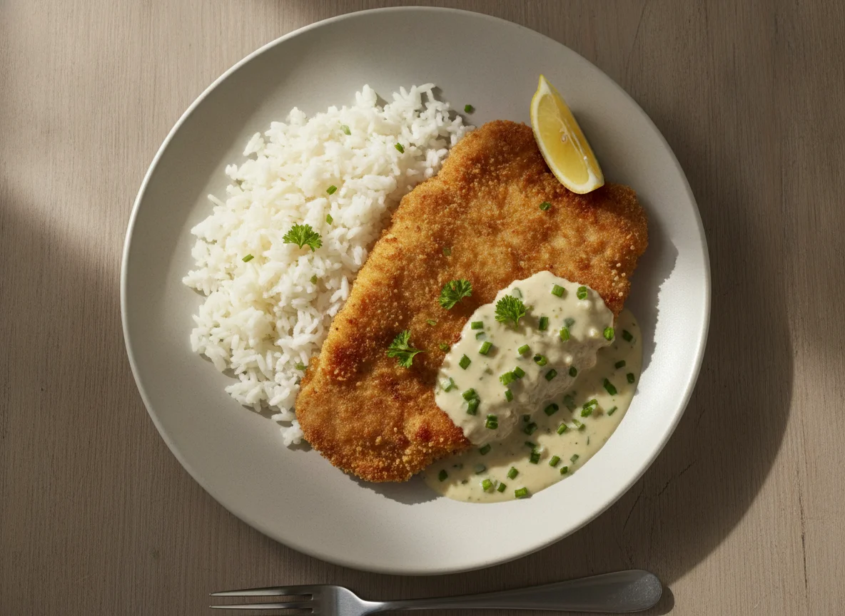 Paniertes Schnitzel mit Reis und Rahmsauce photo
