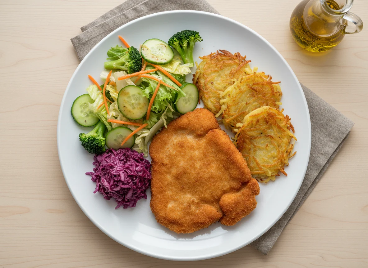 Paniertes Schnitzel mit Rösti und Salat photo