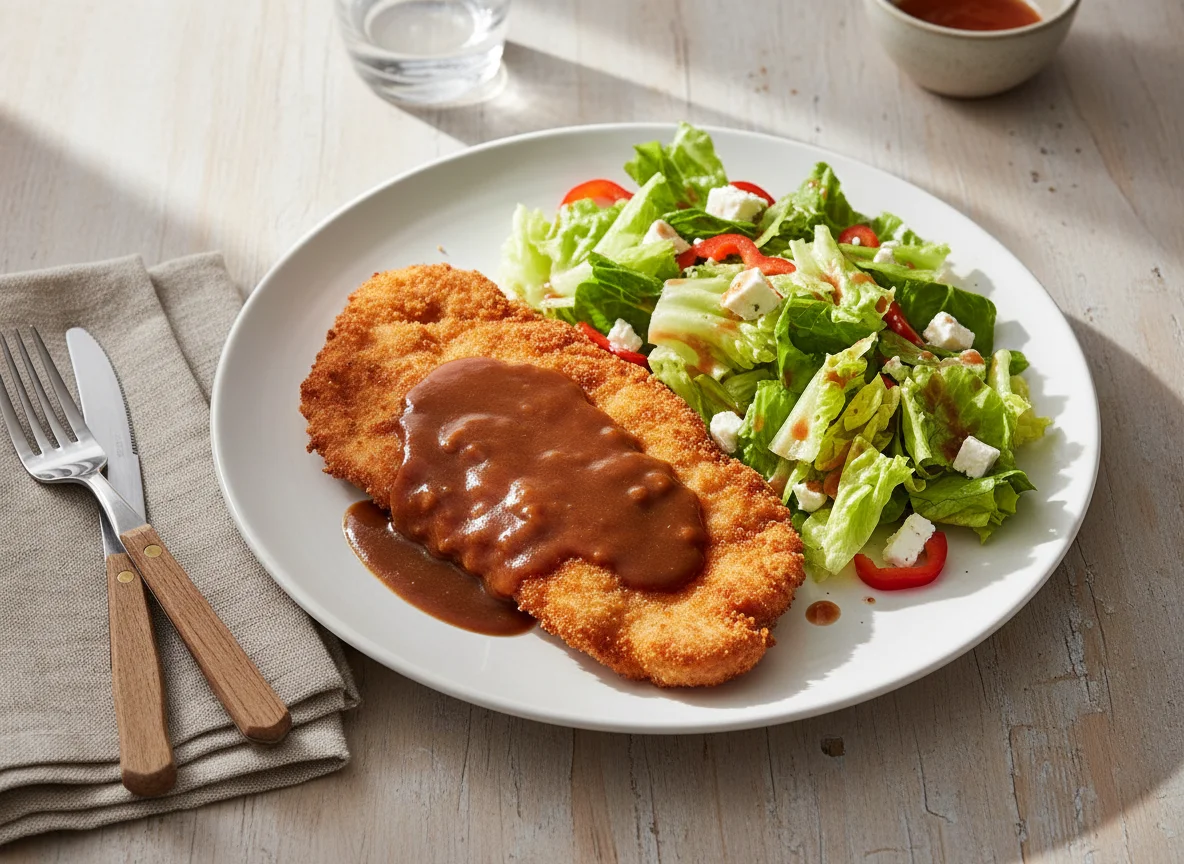 Paniertes Schnitzel mit Salat photo