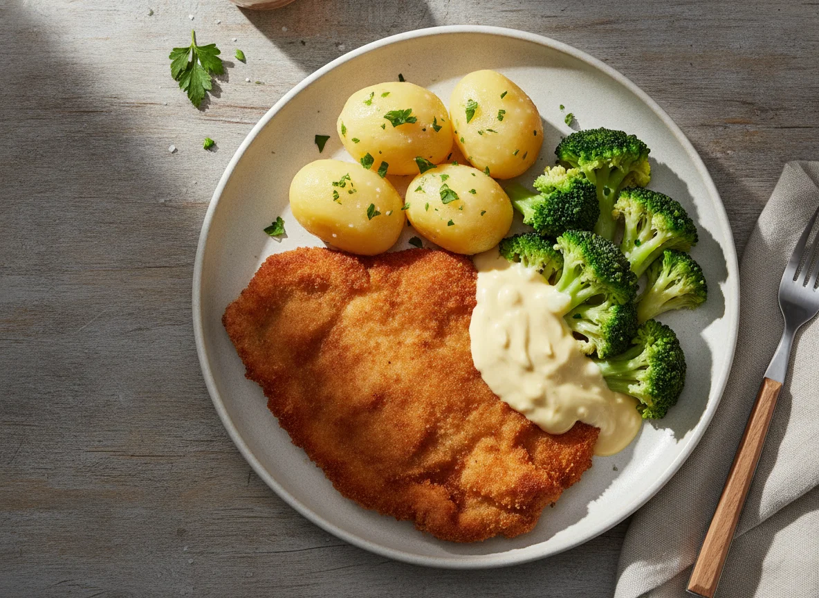 Paniertes Schnitzel mit Salzkartoffeln, Brokkoli und Sauce Hollandaise photo