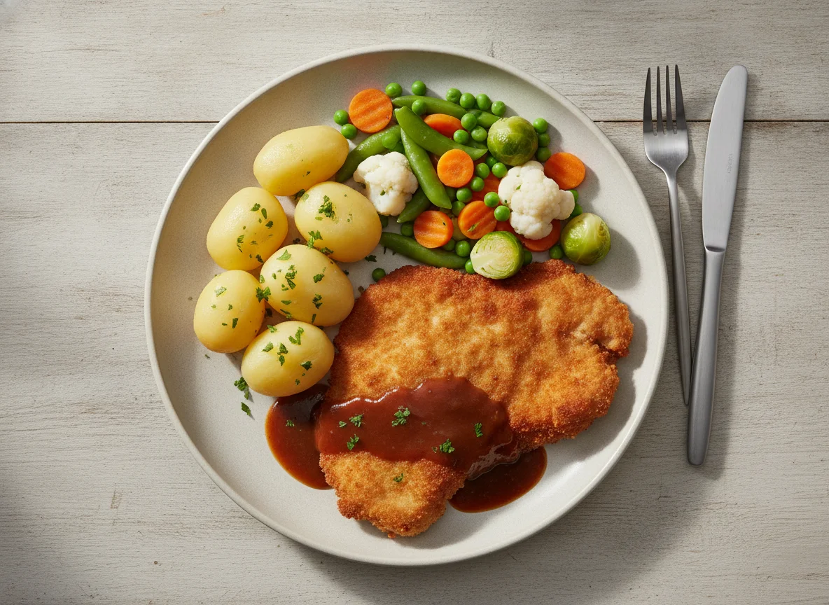 Paniertes Schnitzel mit Salzkartoffeln, Mischgemüse und Bratensoße photo