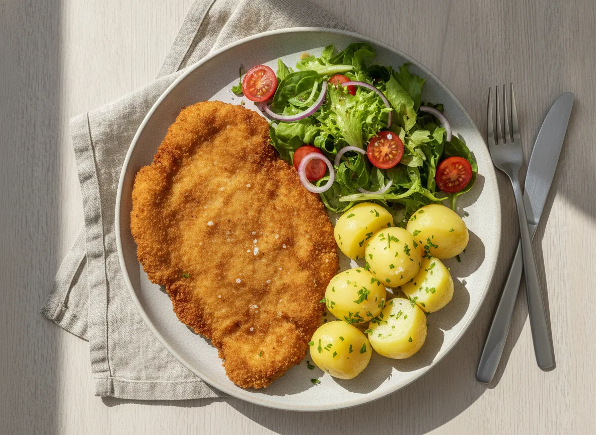 Paniertes Schnitzel mit Salzkartoffeln und Beilagensalat photo