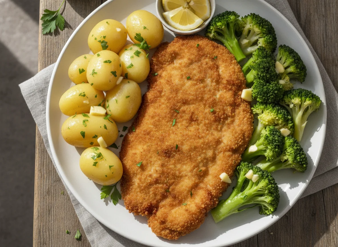 Paniertes Schnitzel mit Salzkartoffeln und Brokkoli photo