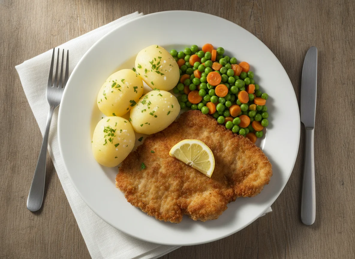 Paniertes Schnitzel mit Salzkartoffeln und Erbsen-Möhren-Gemüse photo