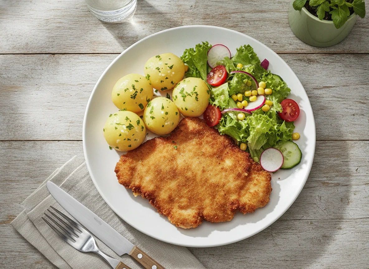 Paniertes Schnitzel mit Salzkartoffeln und gemischtem Salat photo