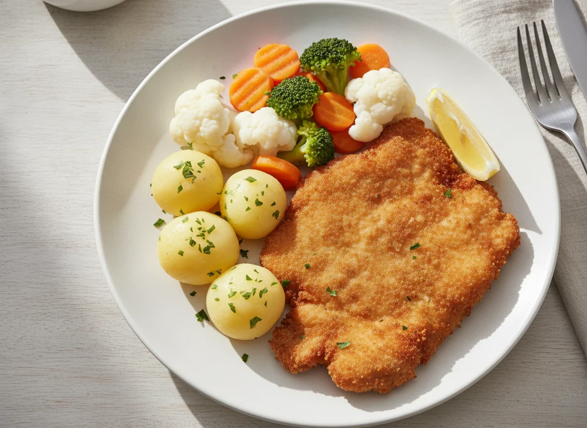 Paniertes Schnitzel mit Salzkartoffeln und Mischgemüse photo