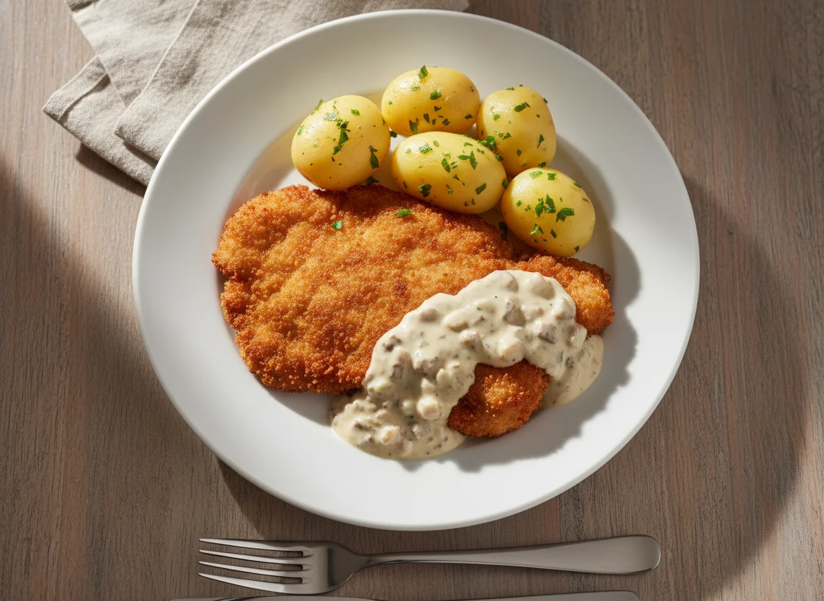 Paniertes Schnitzel mit Salzkartoffeln und Rahmsauce photo