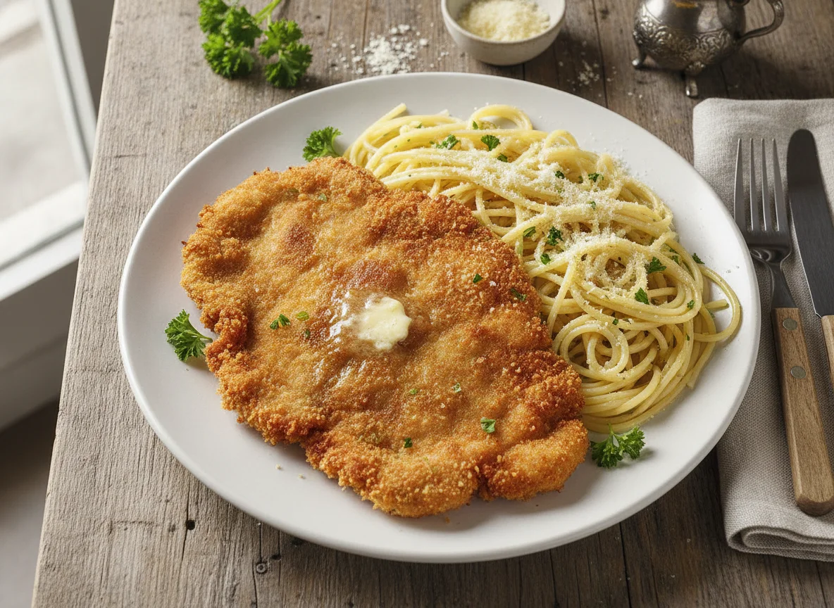 Paniertes Schnitzel mit Spaghetti photo