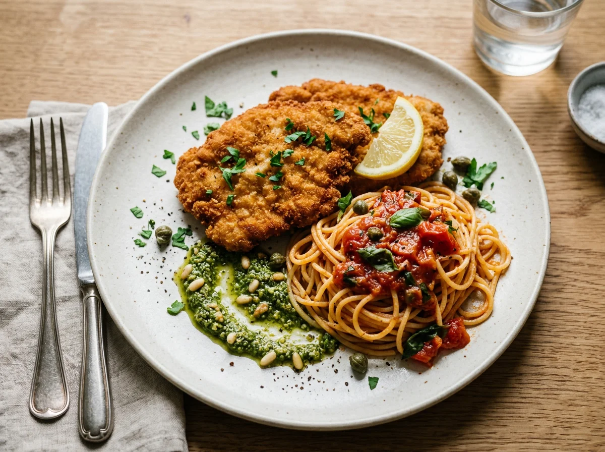 Paniertes Schnitzel mit Spaghetti und Saucen photo