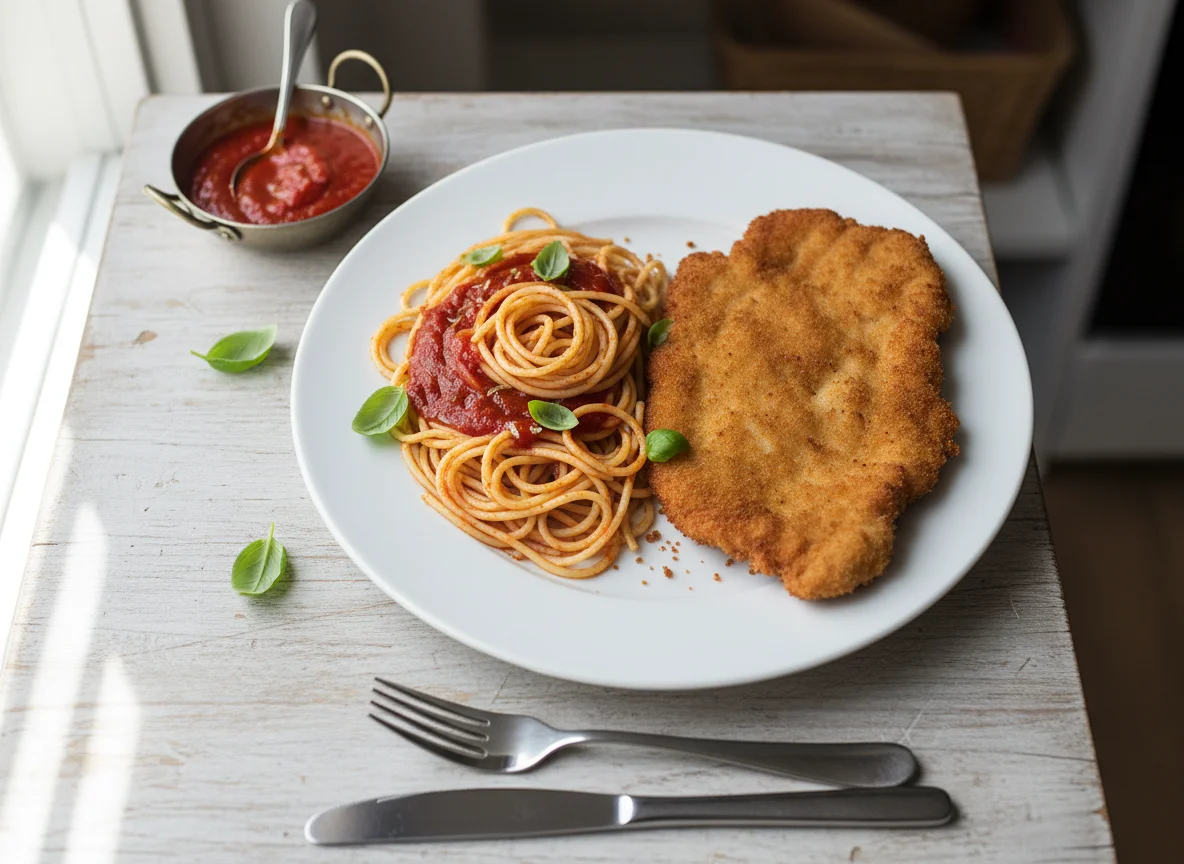 Paniertes Schnitzel mit Spaghetti und Tomatensauce photo