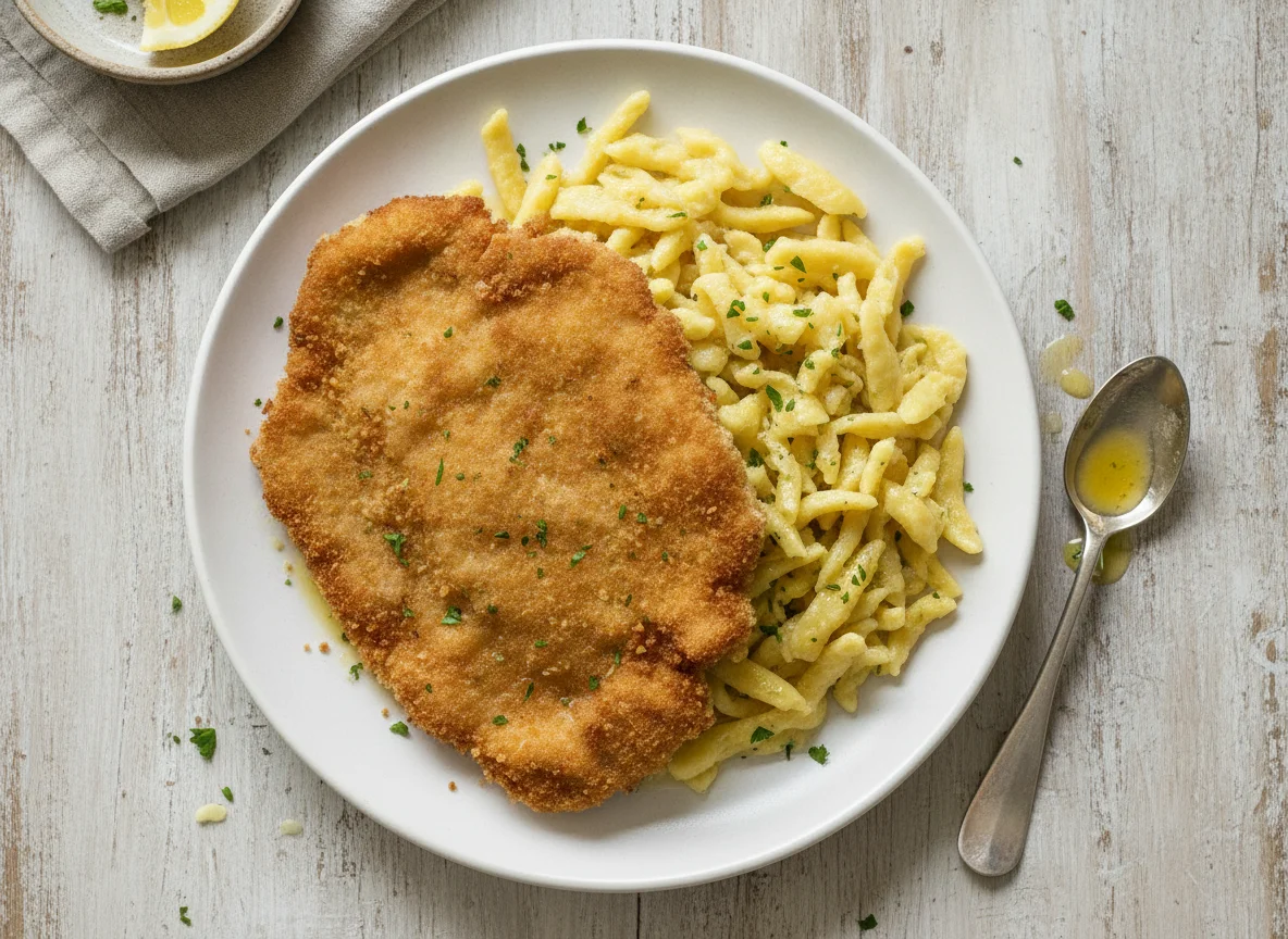 Paniertes Schnitzel mit Spätzle photo
