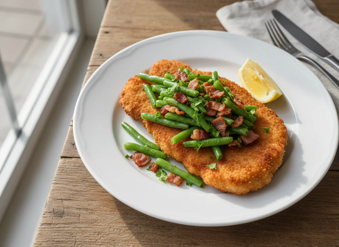 Paniertes Schnitzel mit Speckbohnen photo
