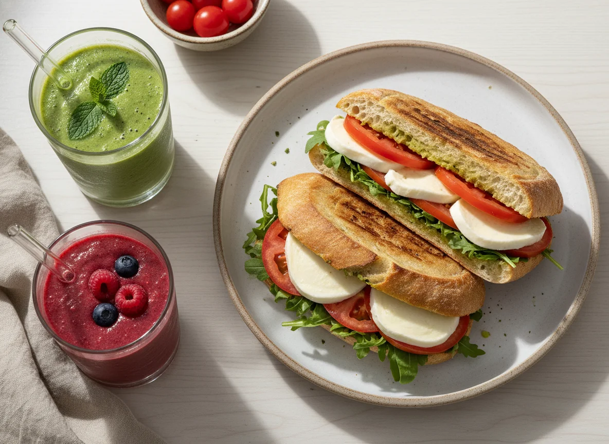Panini mit Mozzarella, Tomate und Rucola mit Smoothie photo