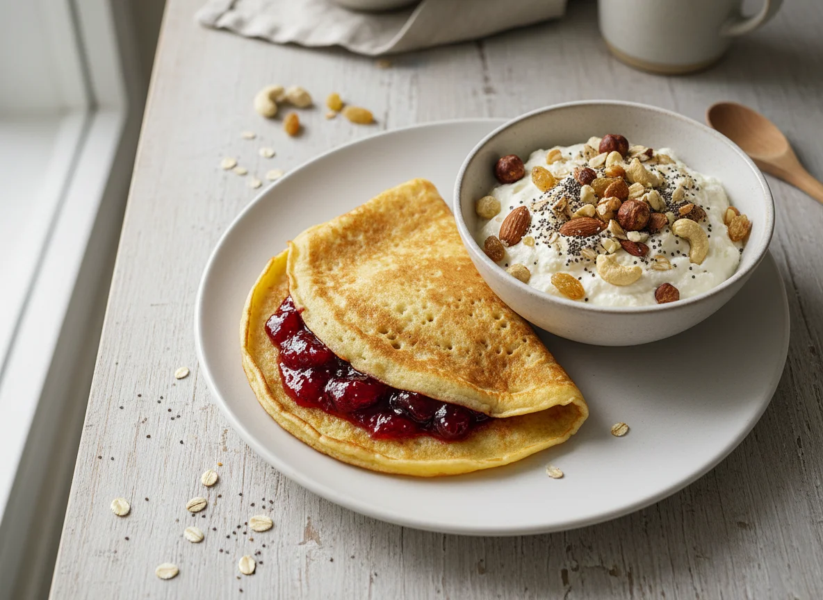 Pankake mit Marmelade und Quarkspeise mit Nüssen photo