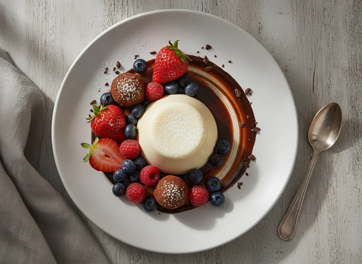 Panna Cotta mit Beeren und Schokolade photo
