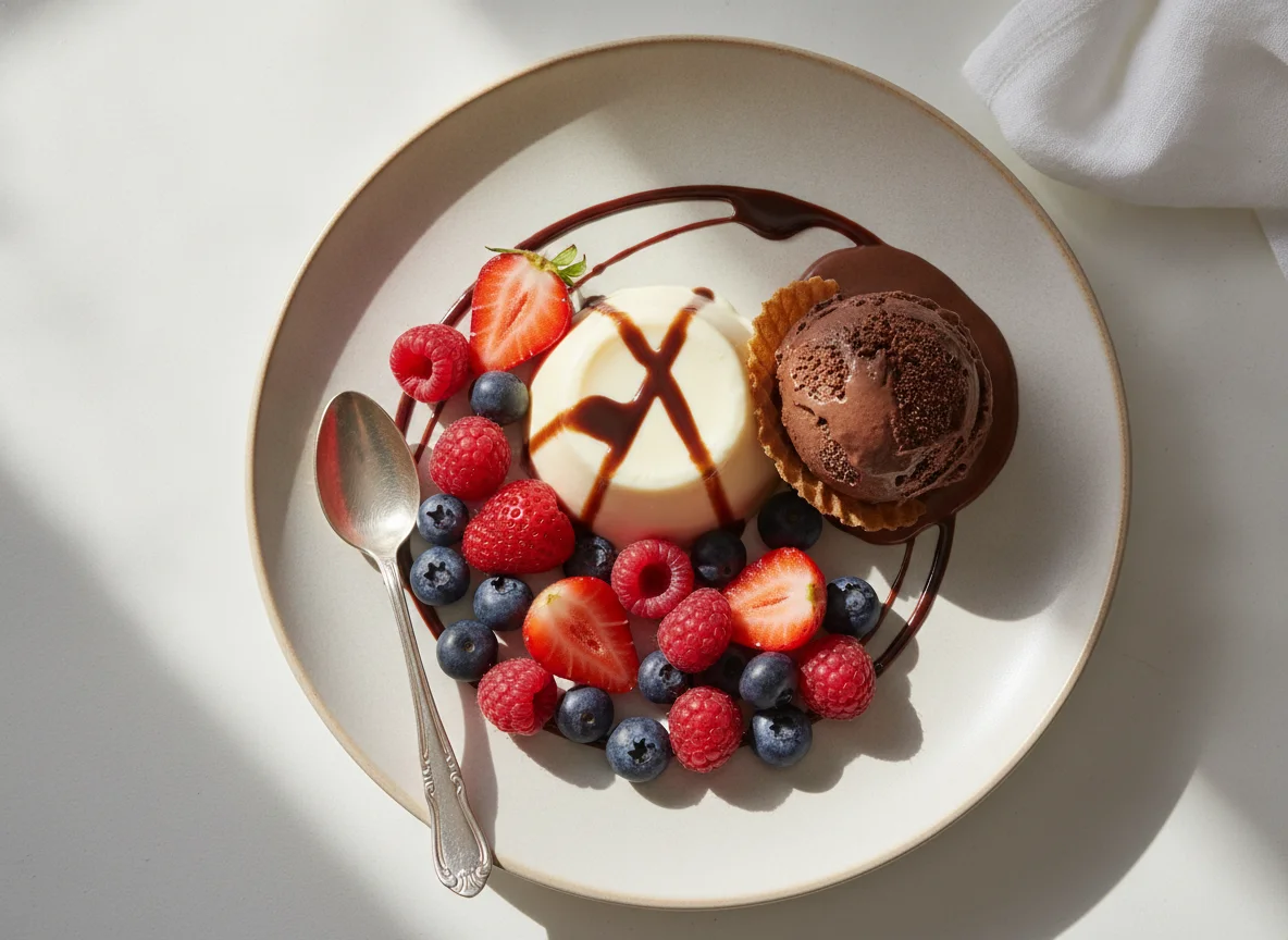 Panna Cotta mit Beeren und Schokoladeneis photo