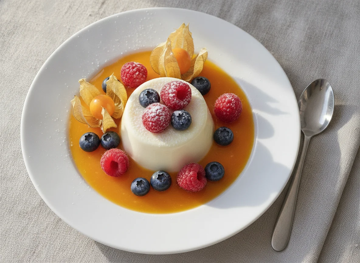 Panna Cotta mit Fruchtspiegel und Beeren photo