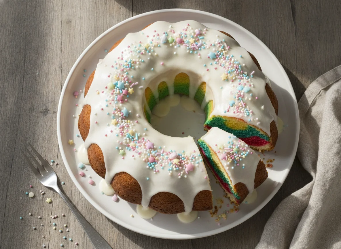 Papageienkuchen mit Zuckerguss und Streuseln photo