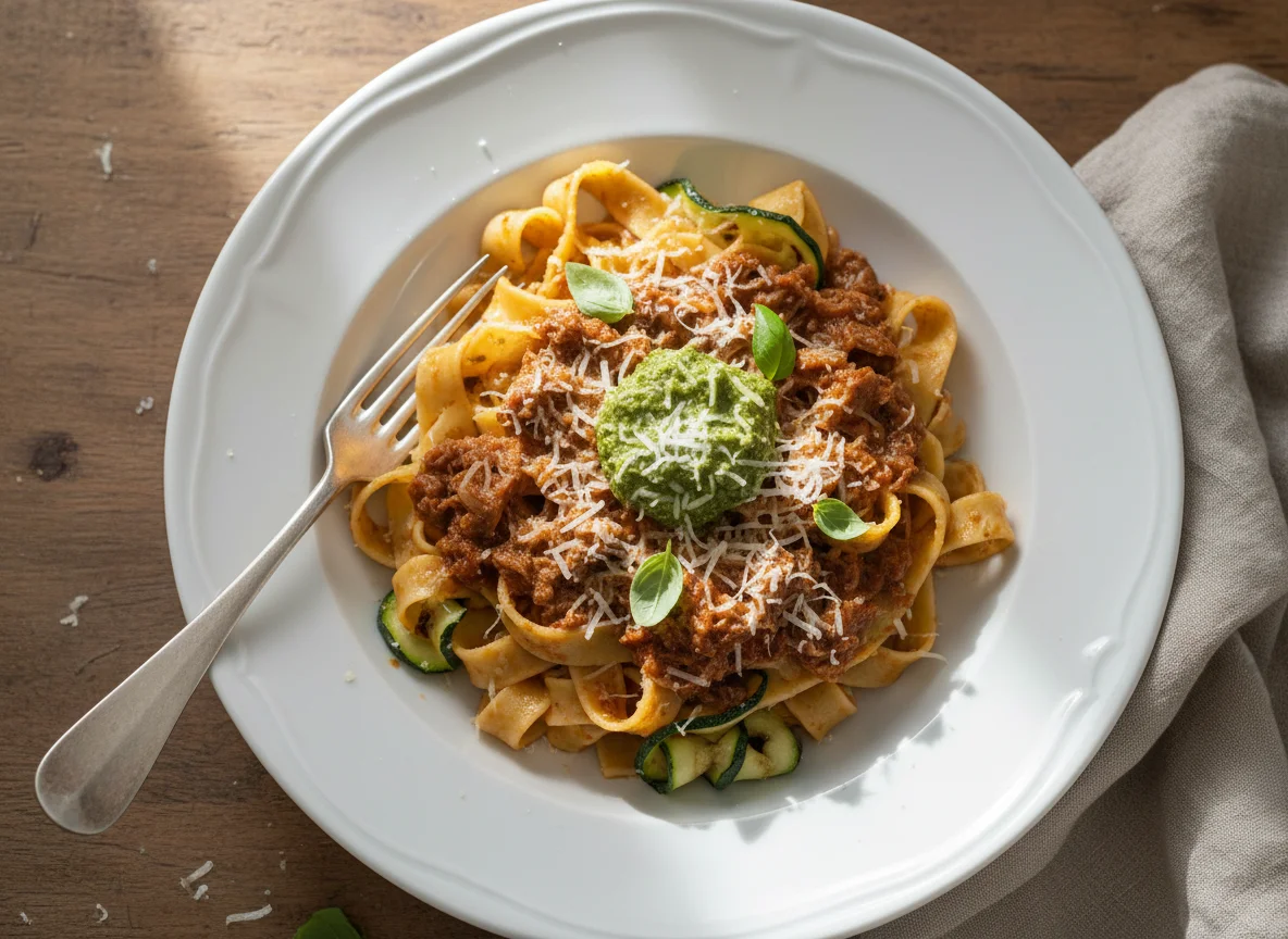 Pappardelle mit Ragout und Pesto photo