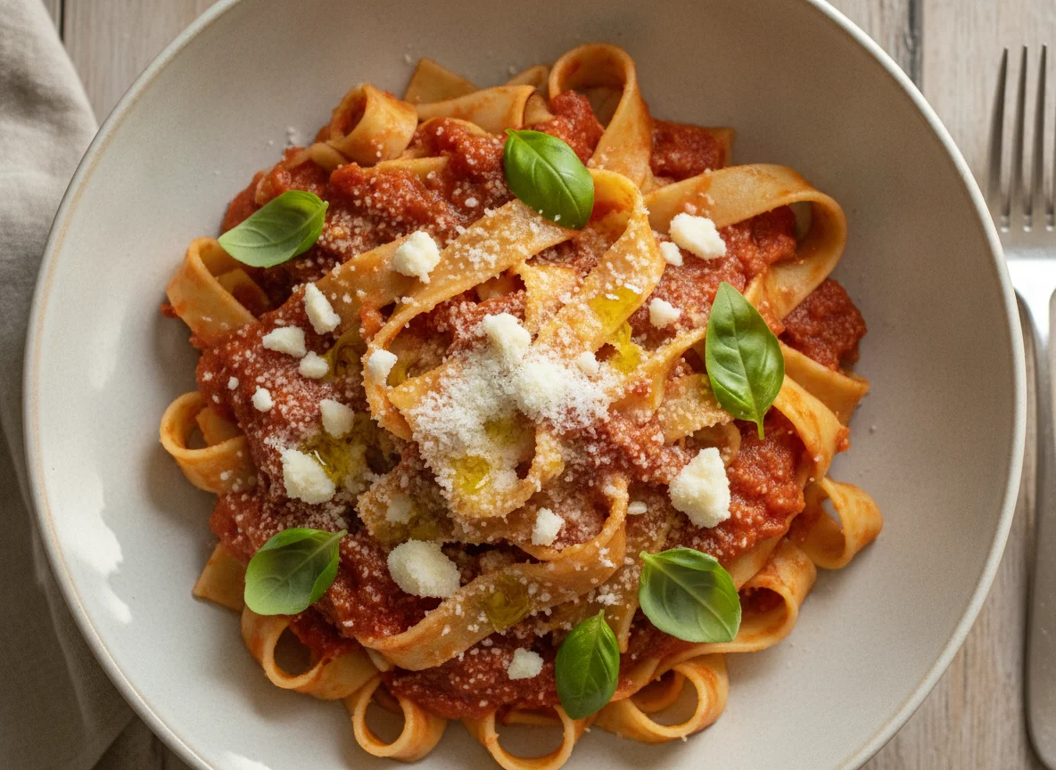 Pappardelle mit Tomatensauce und Parmesan photo