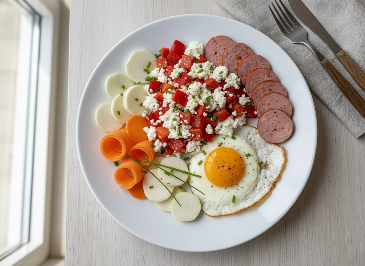 Paprika mit Körnigem Frischkäse und Wurst, Karotten, Kohlrabi und Spiegelei photo