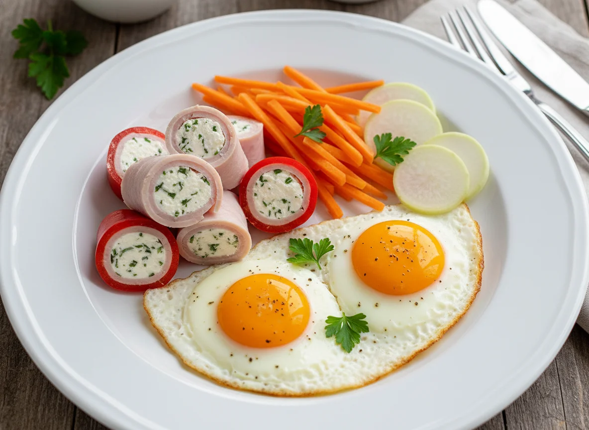 Paprika mit Wurst und Frischkäse, Karotten, Kohlrabi und Spiegelei photo