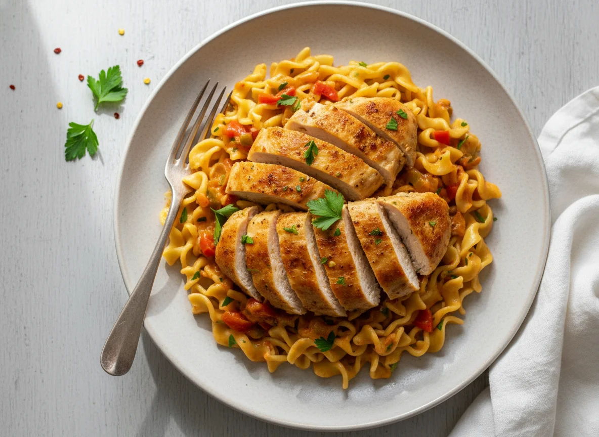 Paprika Sahne Hähnchen mit Bandnudeln photo