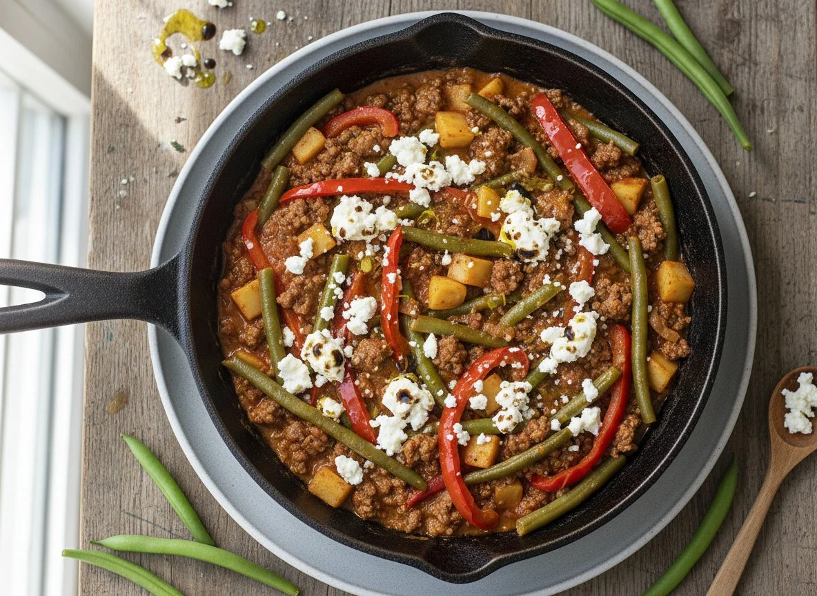 Paprika-Hackfleisch-Pfanne mit Bohnen und Feta photo