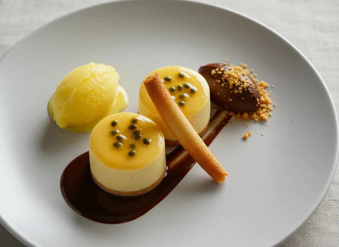 Passionsfrucht-Mousse-Törtchen mit Sorbet und Schokoladensauce photo