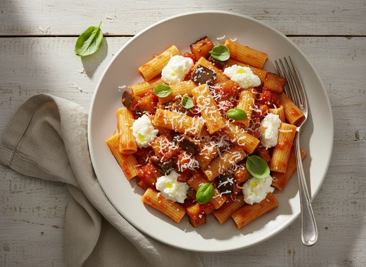 Pasta alla Norma mit Ricotta und Parmesan photo