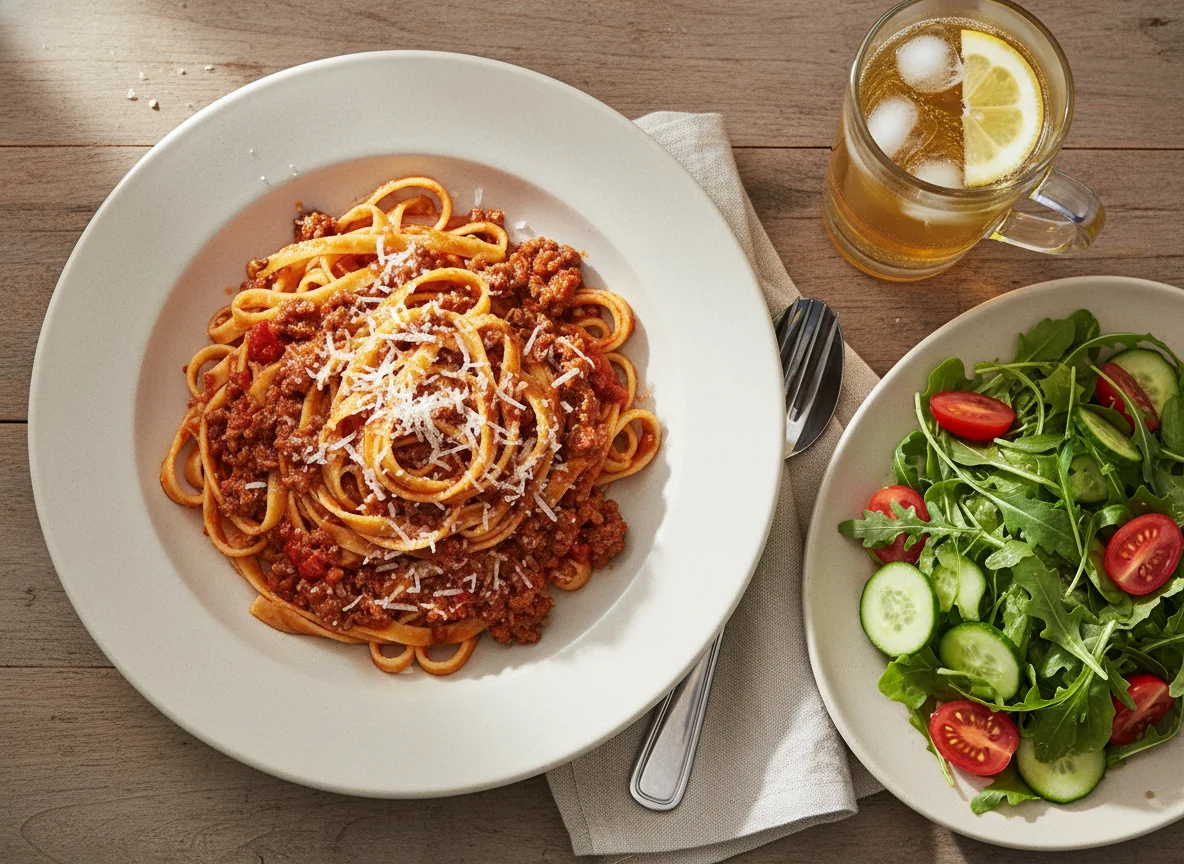 Pasta Bolognese mit Beilagensalat photo