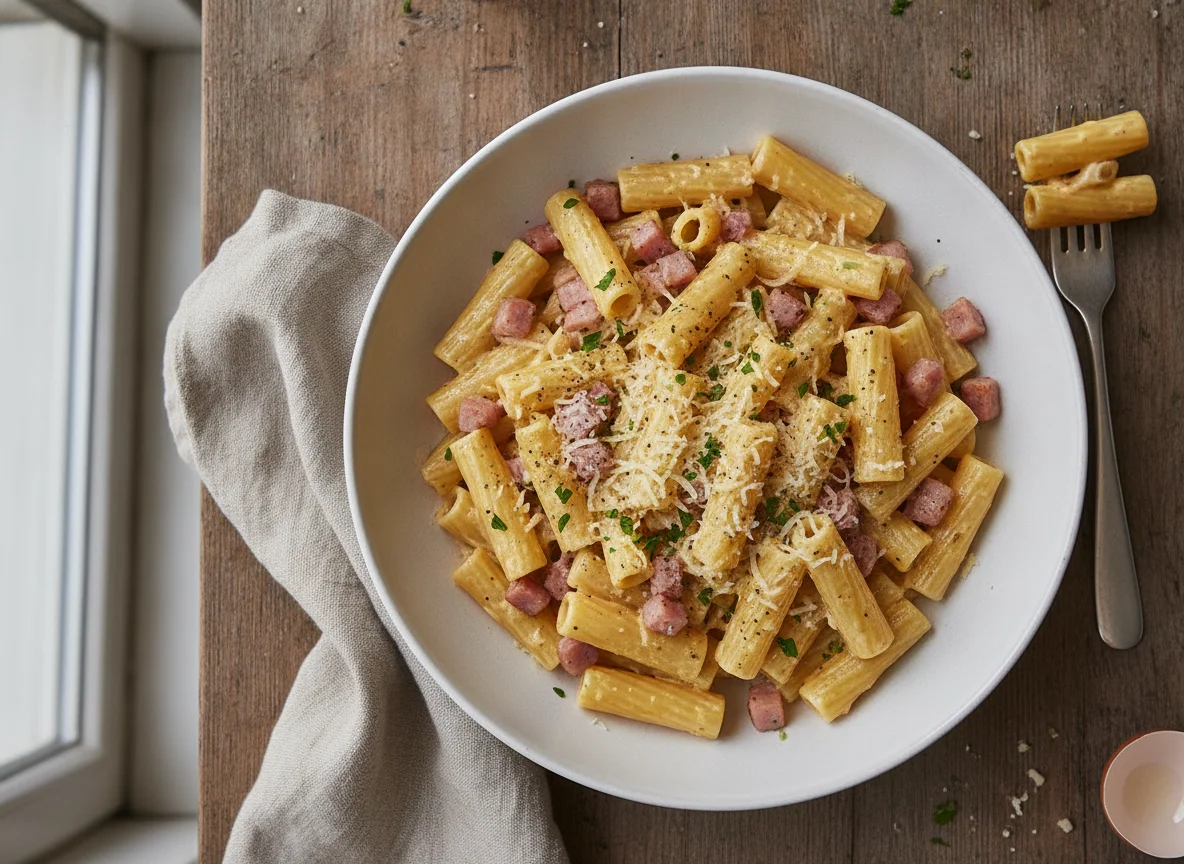 Pasta Carbonara Art mit Schinken photo